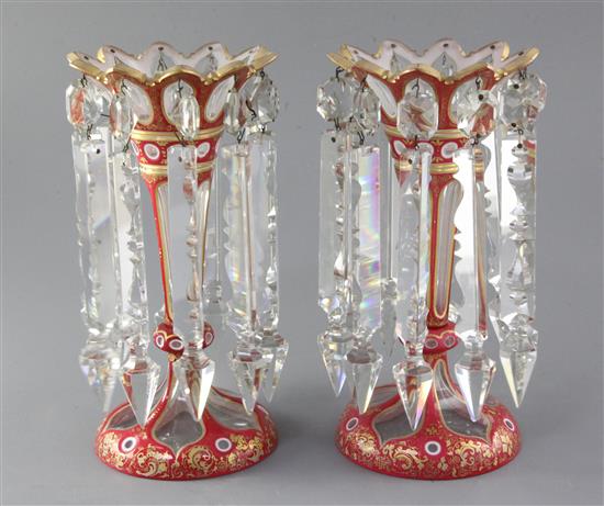 A pair of Bohemian pink and white overlaid cut glass lustres, 25.5cm